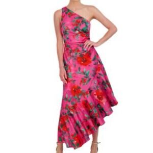 Eliza J Satin dress-size 6-high‎ low floral one shoulder flattering assymetrical